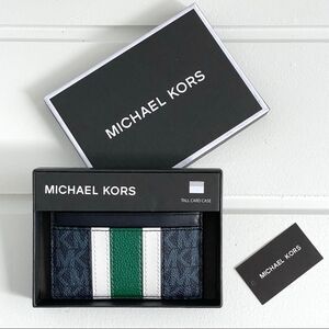 Michael Kors Hudson Logo Stripe Card Case Wallet Admiral Blue & Jewel Green NWT